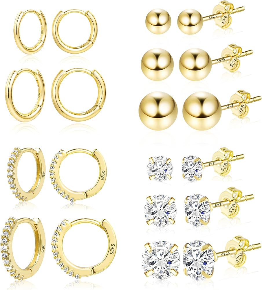 Earring Sets for Multiple Piercing | 14K Gold Plated Studs Earrings and Hoops Set Hypoallergenic ... | Amazon (US)