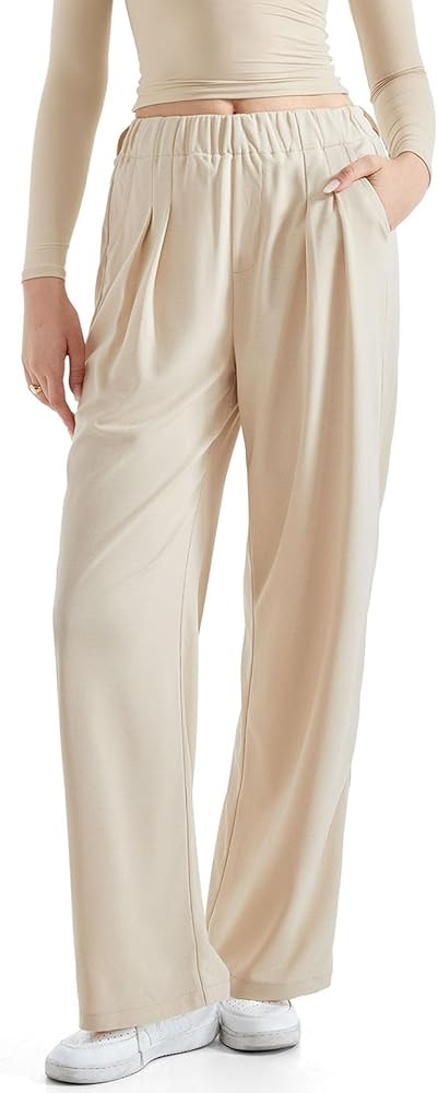 SUUKSESS Women Wide Leg Pants Elastic High Waisted Work Pants Flowy Palazzo Pants | Amazon (US)