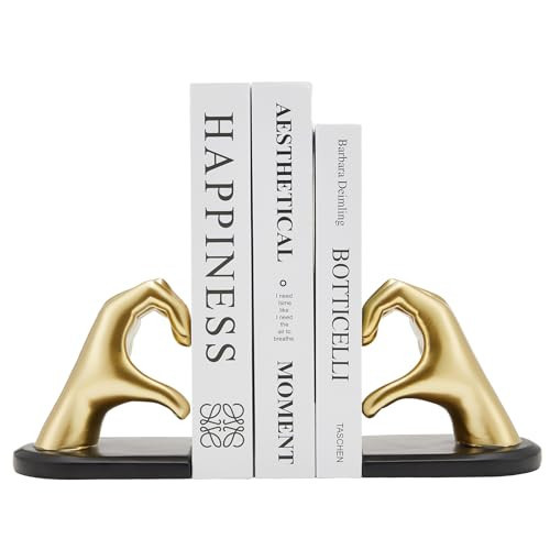 Xmeden Gold Bookends, Heavy Duty Bookend Holder Decor, Golden Finger Heart Shaped, Modern Art Sculpture, Finger Home Decoration, Bookends Decorative, Boho Decor for Desktop Bedroom Study Room | Amazon (US)