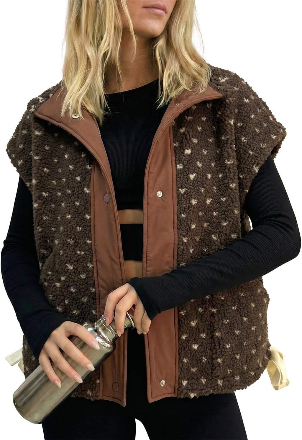 Womens Sherpa Vest Polka Dot Fleece Vests Button Up Cap Sleeve Coats Casual Oversized Warm Winter Outwear | Amazon (US)