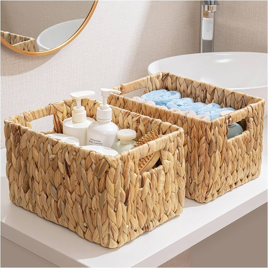 ELONG HOME Water Hyacinth Wicker Baskets, Rectangular 12" Wicker Basket 2 Pack, Wicker Basket for... | Amazon (US)