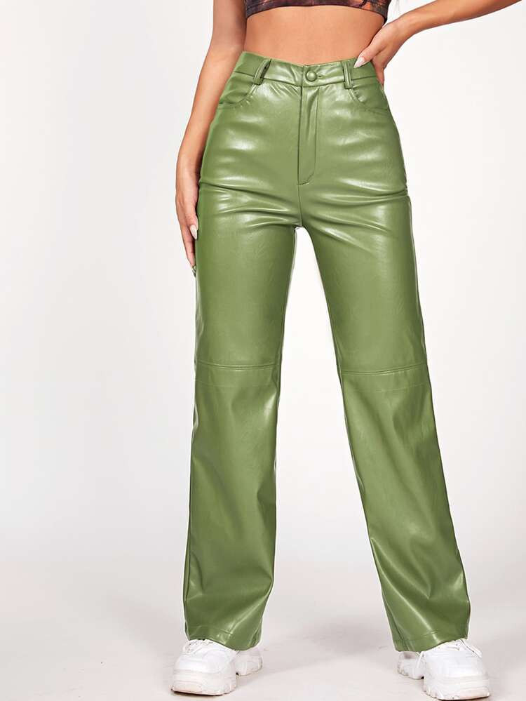 SHEIN PETITE Solid PU Leather Straight Leg Pants | SHEIN