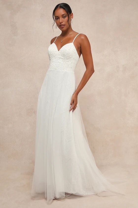 White Lace Tulle Pearl Beaded Maxi Dress | White Dresses 2024 | Summer Dresses Women | Lulus