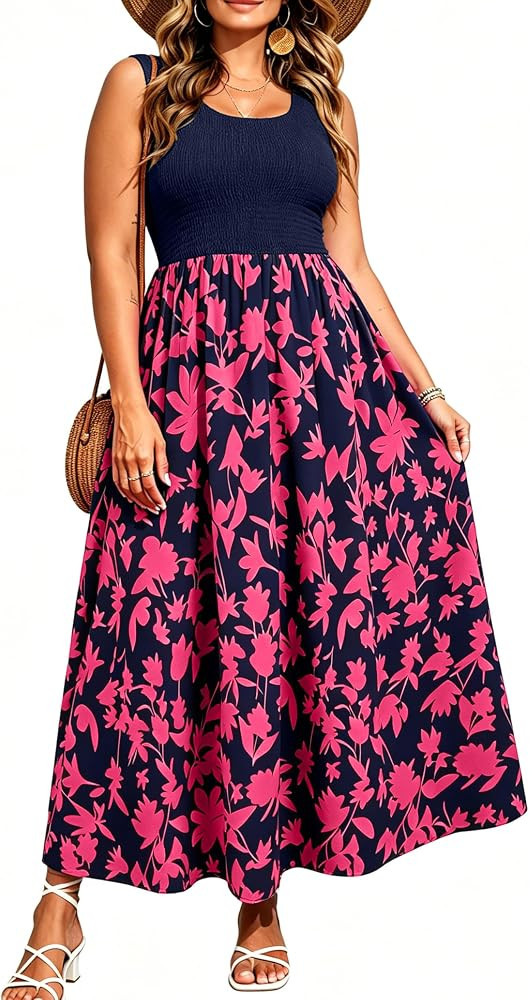RWJ Plus Size Summer Sleeveless Tank Dress for Women 2025 Smocked Casual Loose Sundress Flowy Beach Tiered Long Midi Dresses | Amazon (US)