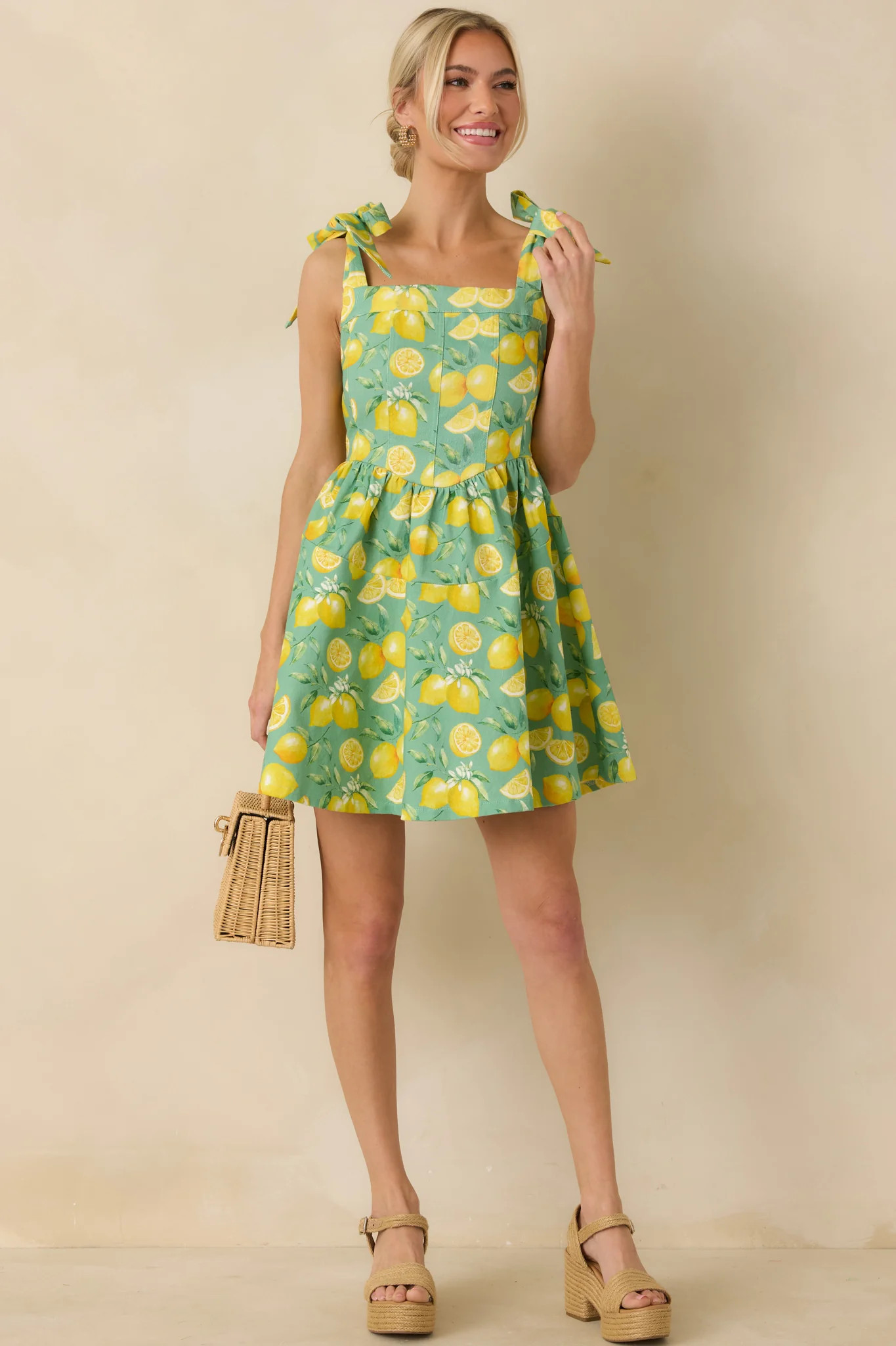 Sounds Like Fun Green Lemon Print Cotton Denim Mini Dress | Red Dress