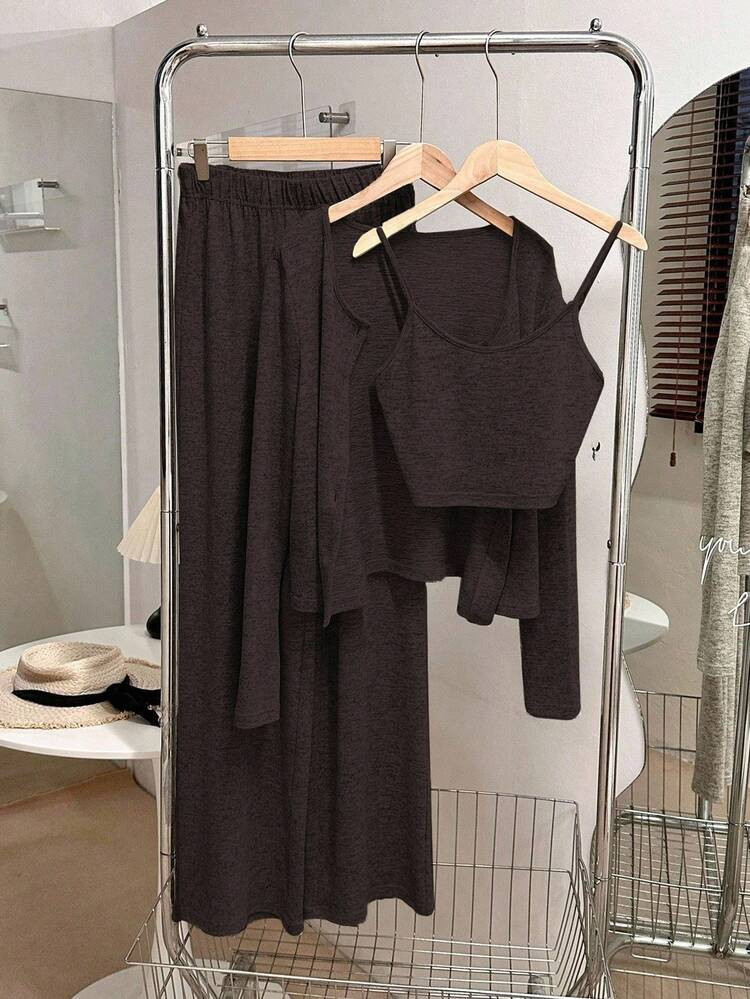 Franclia 3 PiecesCasual Everyday Matching Camisole, Cardigan, And Elastic Waist Straight Pants Kn... | SHEIN