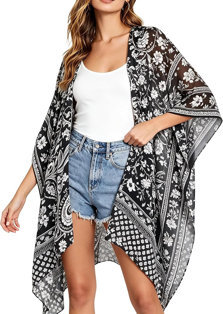 Spicy Sandia Kimonos for Women Floral Beach Cover Up Loose Swimsuit Bathing Suit Coverup Cardigan... | Amazon (US)