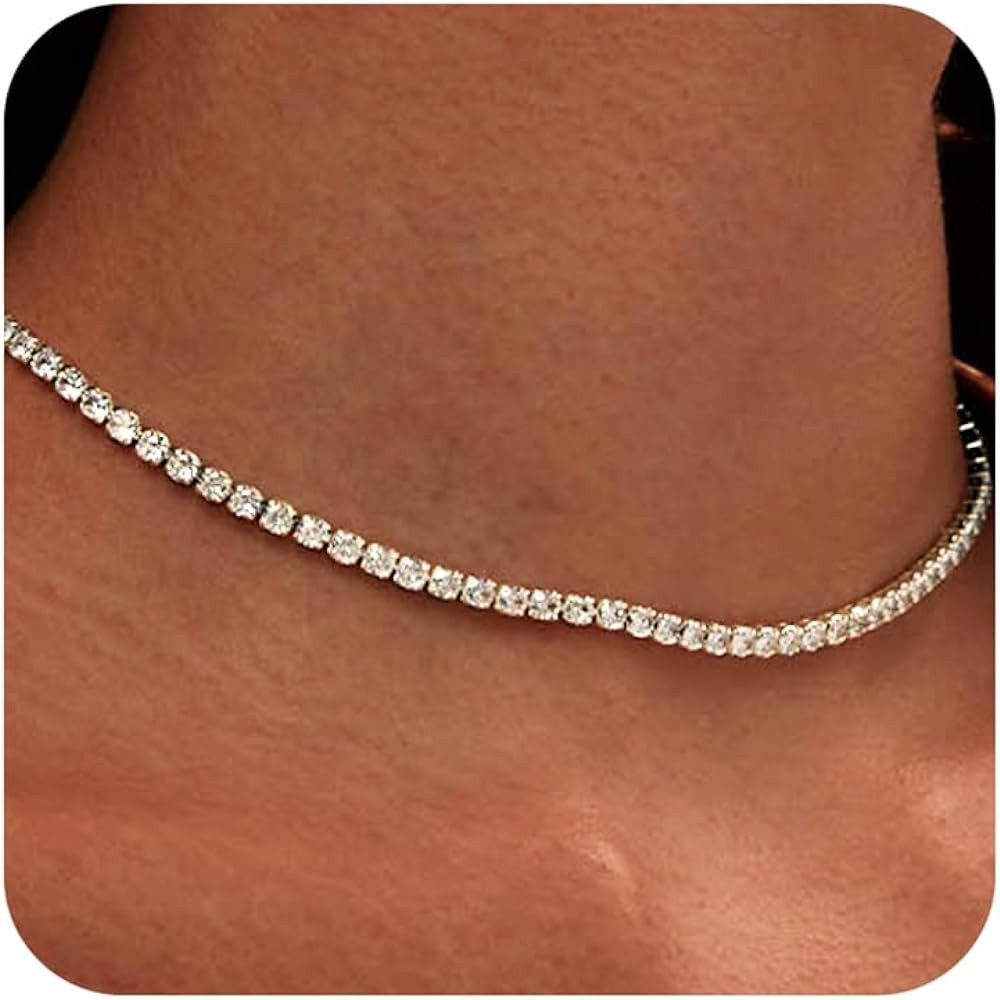 Tennis Necklace for Women 14K Gold Plated or Silver Rhinestone Choker Necklaces Dainty Zirconia C... | Amazon (US)