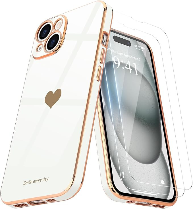 Teageo for iPhone 15 Case with Screen Protector [2 Pack] for Girl Women Cute Girly Love-Heart Lux... | Amazon (US)