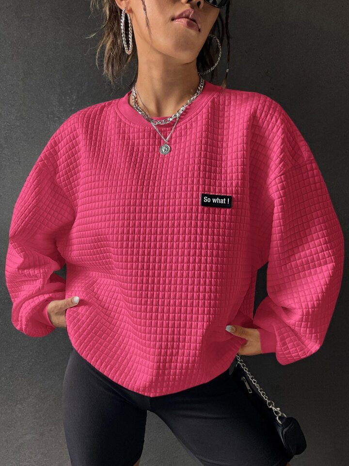 SHEIN EZwear Slogan Patched Drop Shoulder Waffle Knit Sweatshirt | SHEIN