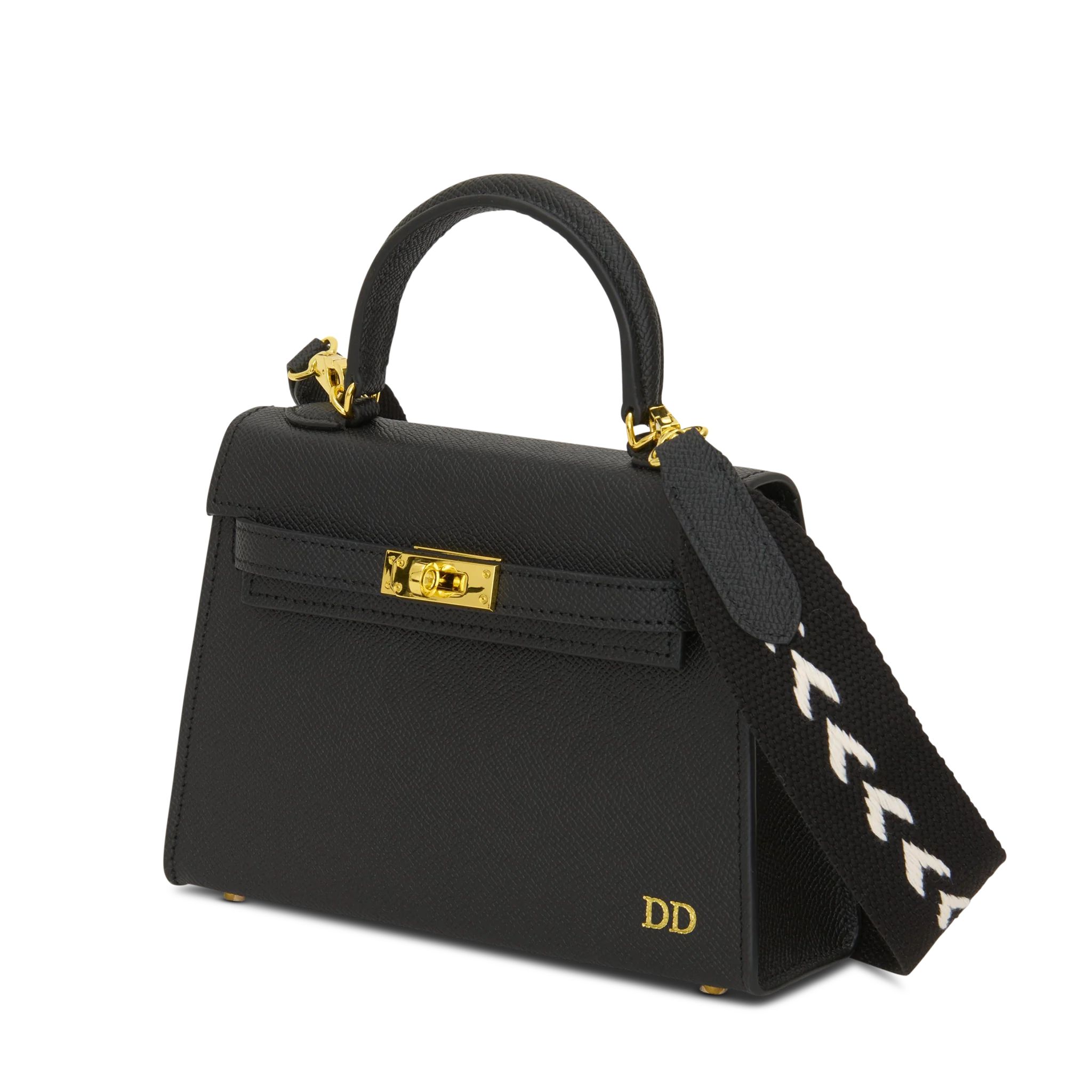 Lily & Bean Hettie Mini Bag - Black with Initials & Patterned Strap | Lily and Bean