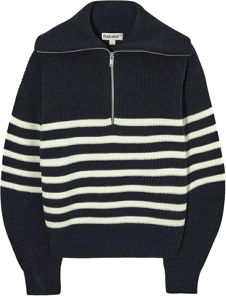 Babalet Womens Striped Knitted Lapel V Neck Zip Collar Pullover Sweater | Amazon (US)