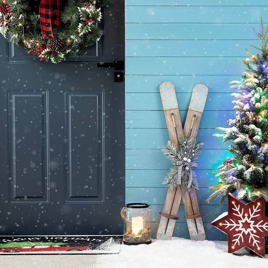 Glitzhome 35" H Wooden/Galvanized Christmas Ski Porch Decorations Farmhouse Xmas Ornament Sleigh ... | Amazon (US)