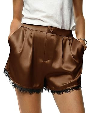 Tankaneo Womens Satin Silk Shorts Summer Casual High Waist Lace Button Lounge Shorts with Pockets | Amazon (US)