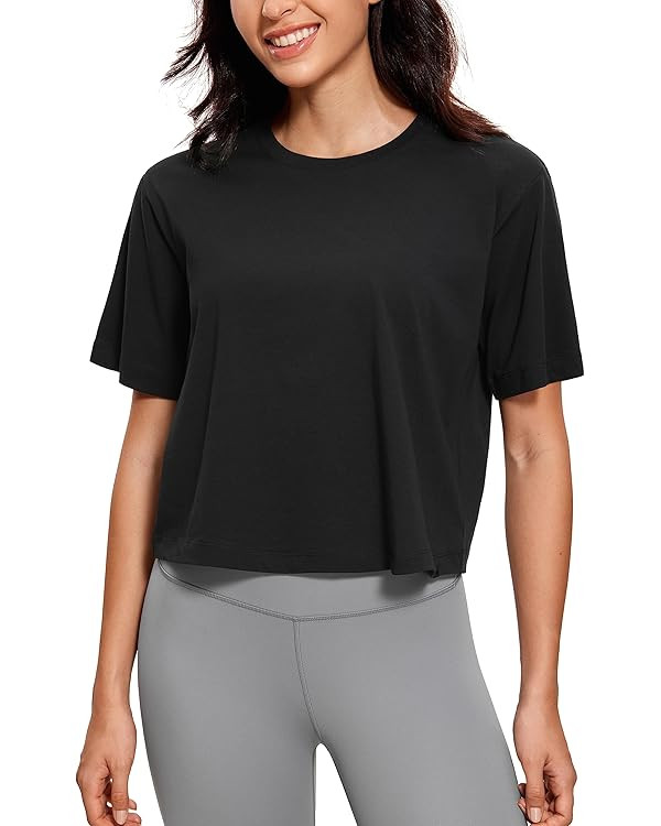 CRZ YOGA Womens Loose Fit Cotton Polyester Short Sleeve Shirts Crop Tops Casual Workout T-Shirts | Amazon (US)