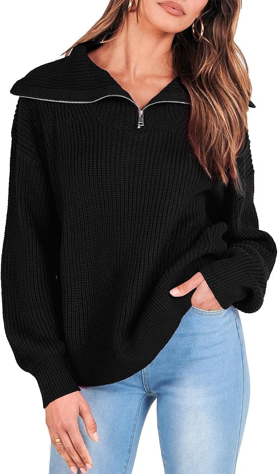 KIRUNDO Women's 2023 Fall Winter Long Sleeve Quarter Zip Pullover Casual V Neck Ribbed Knit Sweat... | Amazon (US)