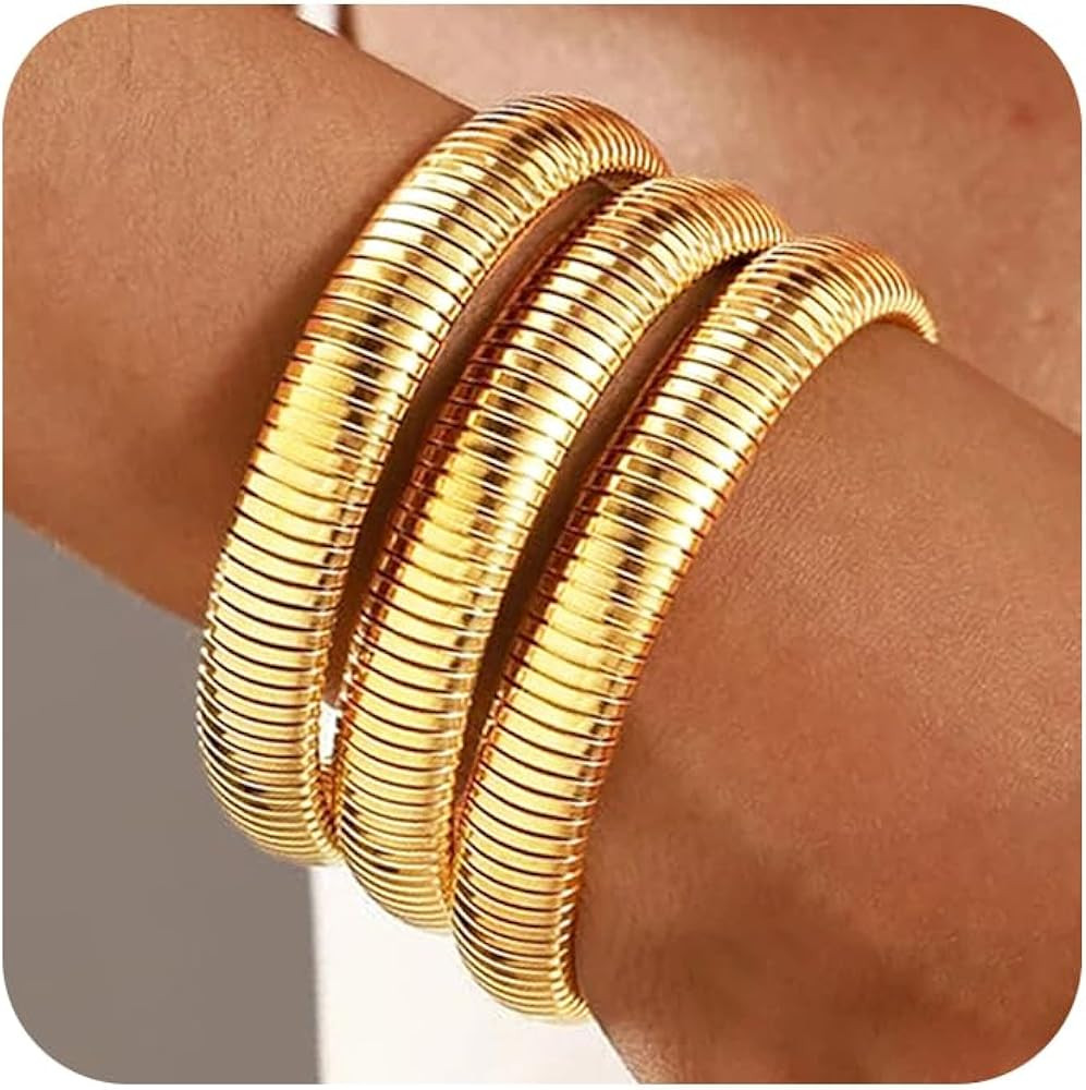 UILZ 3-Pack Gold Bangles Bracelet for Women - 24K Real Gold Plated Stainless Steel Chunky Stretch... | Amazon (US)