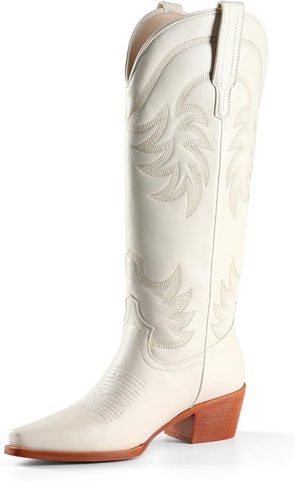 Cowgirl Boots Women Knee High Boots Snip Toe Chunky Tall Boots Cowboy PU Leather Boots with Embro... | Amazon (US)