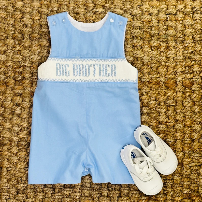 Big Brother Smocked Shortall Coordinating Baby Brother & Baby Sister Outfits, Gender Reveal, Home... | Etsy (US)