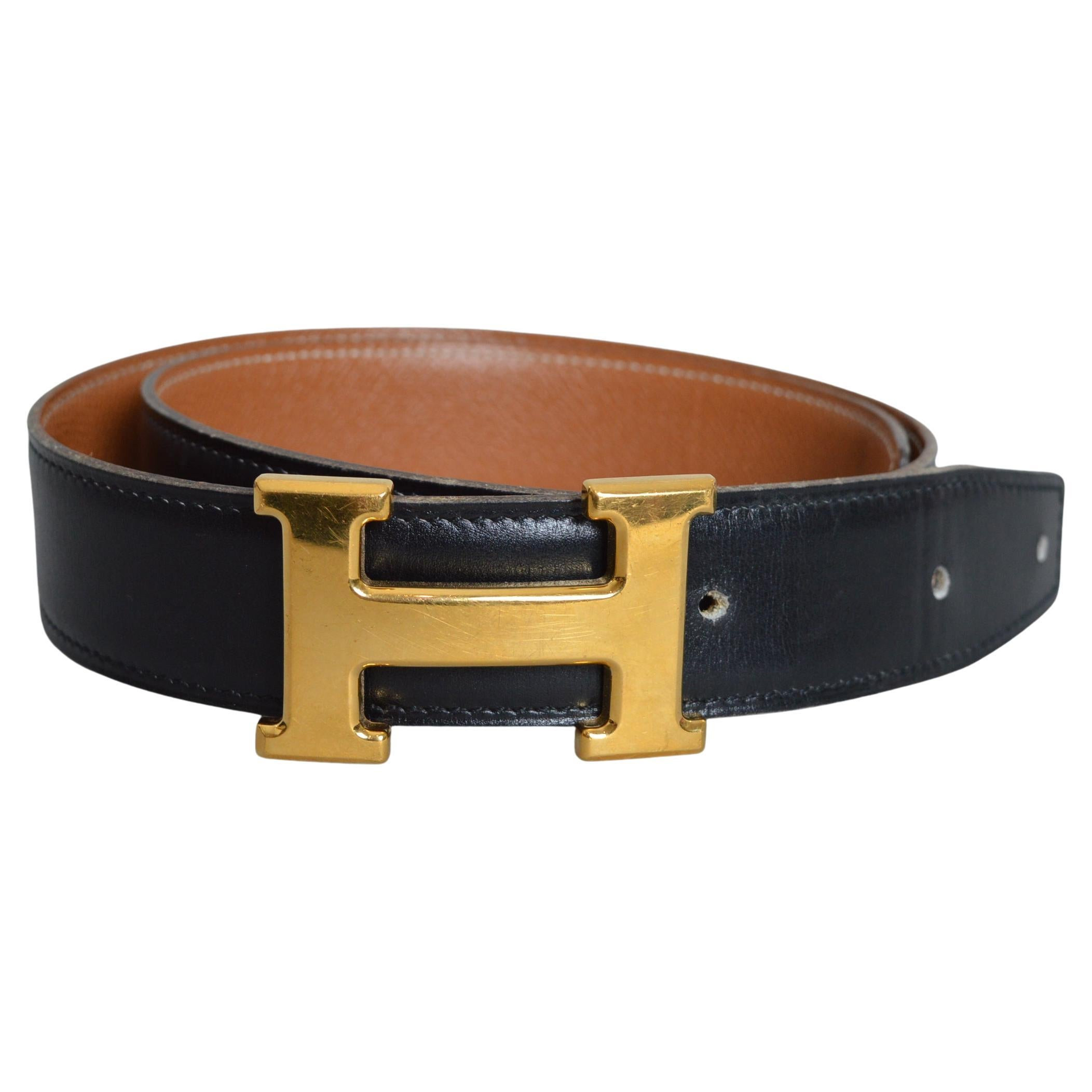 Classic Vintage HERMÈS Black Leather Gold H Buckle Waist belt | 1stDibs