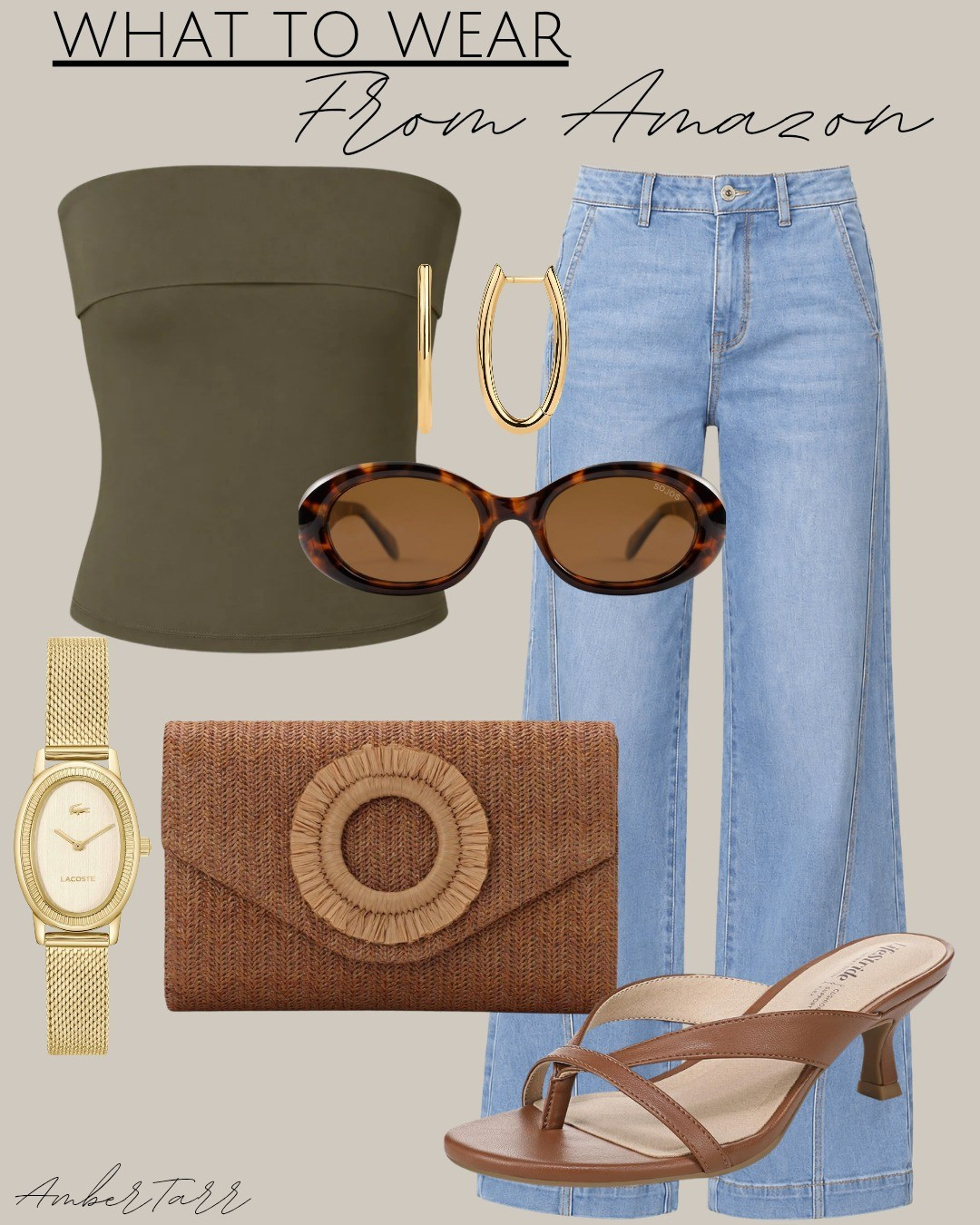 This olive green tube top paired with wide leg light wash jeans, a woven rattan clutch, brown strappy heeled sandals, retro tortoise oval sunglasses, gold oval hoop earrings, and a dainty gold watch is a casual and effortlessly cool summer outfit from Amazon that is easy to wear and perfect for any relaxed warm weather day out.

#LTKdayinmylife #LTKootd #LTKOver40