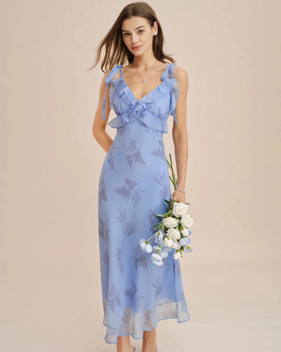 Blue Floral Ruffle Tie Strap Maxi Dress | rihoas.com