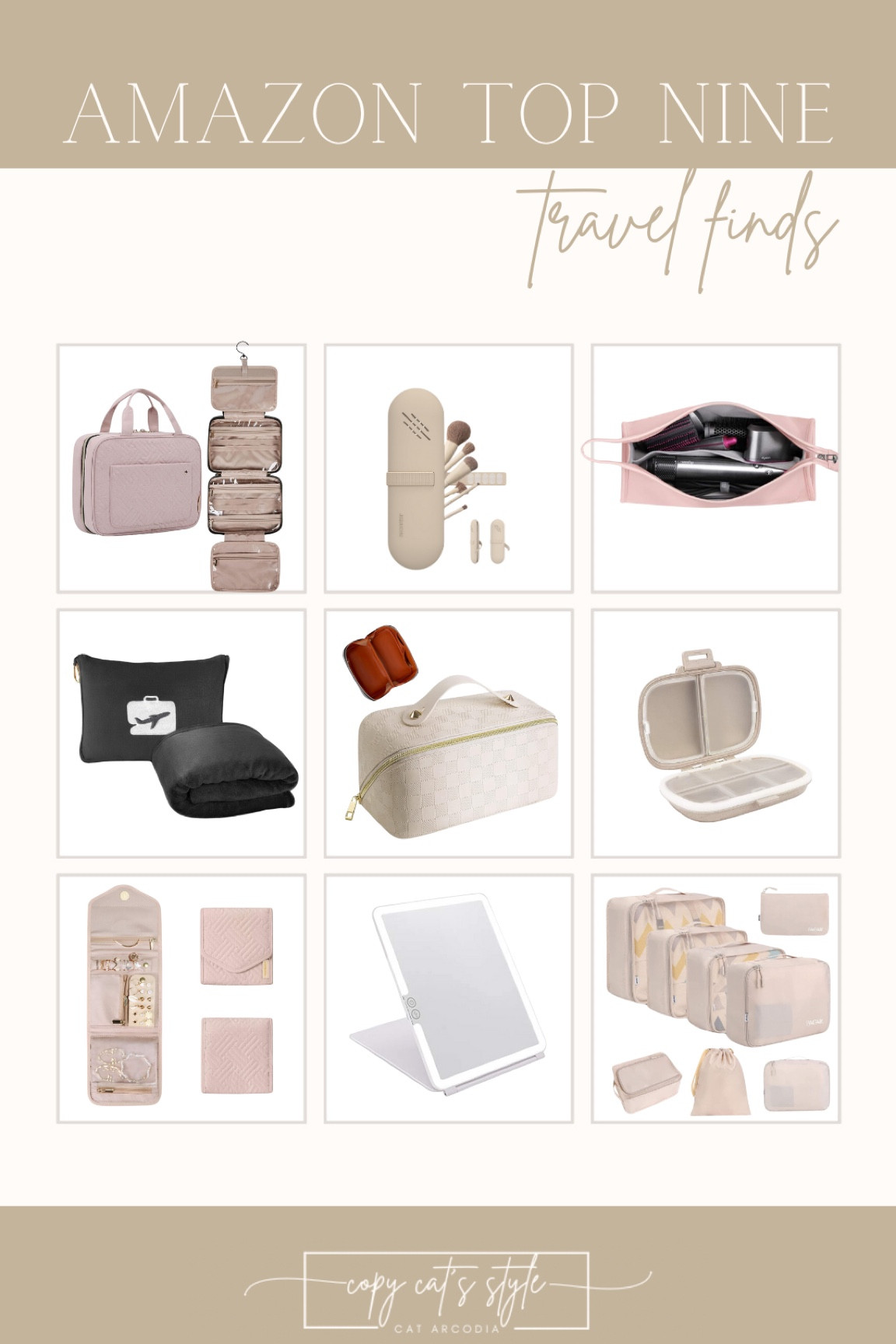 Amazon Top Nine Travel Finds
Travel Best Sellers
Toiletry Bag, makeup bag, brush holder, packing cubes, travel jewelry case, makeup mirror, travel hair tools bag, travel blanket, travel pill case

#LTKtravel #LTKfindsunder50 #LTKitbag