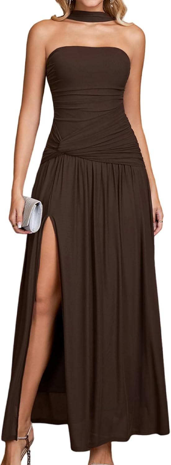 Halter Tube Top Strapless Formal Wedding Guest Cocktail Maxi Dress | Amazon (US)