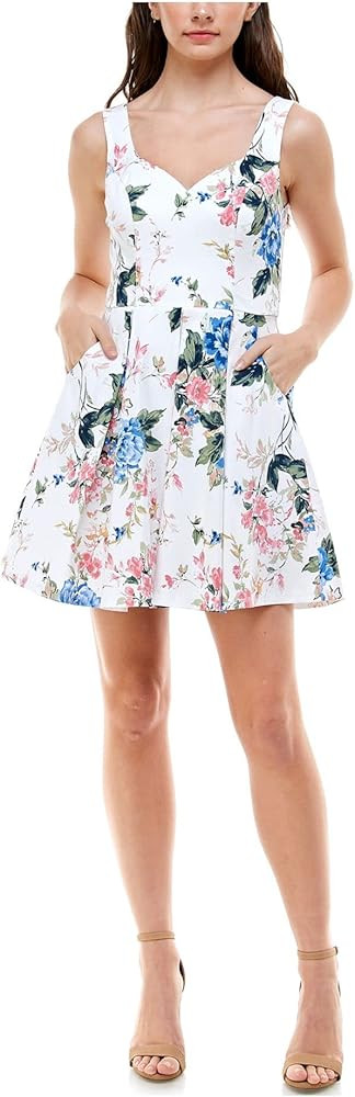 Trixxi Womens White Pocketed Zippered Floral Sleeveless V Neck Mini Party Fit + Flare Dress 1 | Amazon (US)