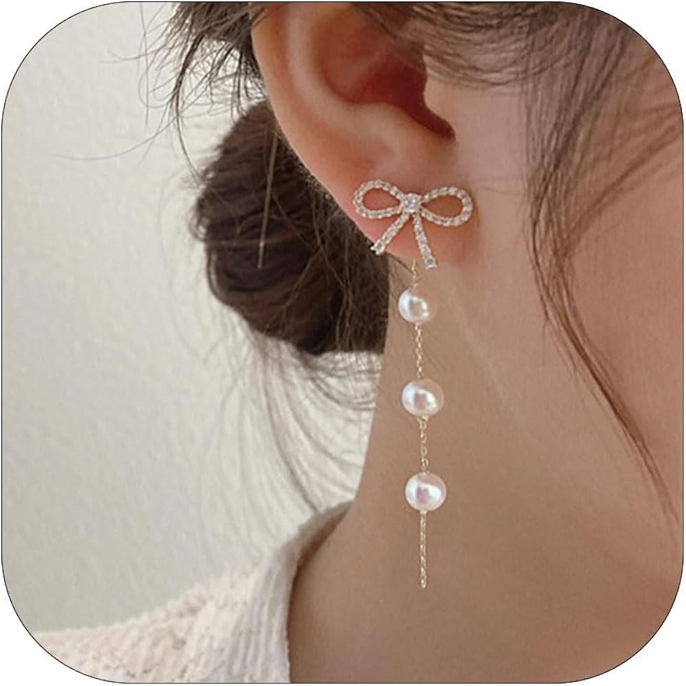 Bow Earrings for Women Pearl Bow Earrings Rhinestone Pearl Pink Bow Earrings Huggie Earrings for ... | Amazon (US)