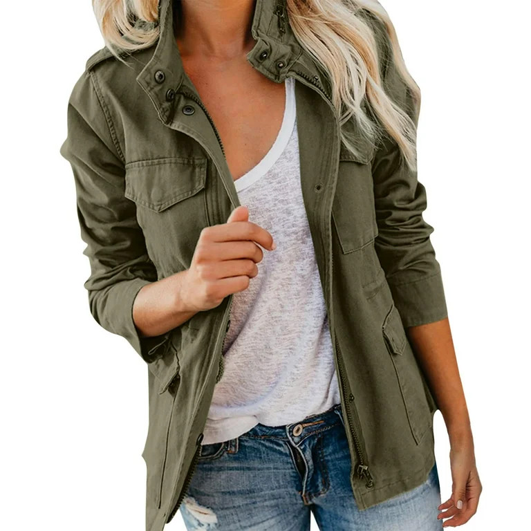 Siilsaa Women's Fall Stand Collar Zip Up Military Cotton Utility Safari Jacket Army Green,2XL | Walmart (US)