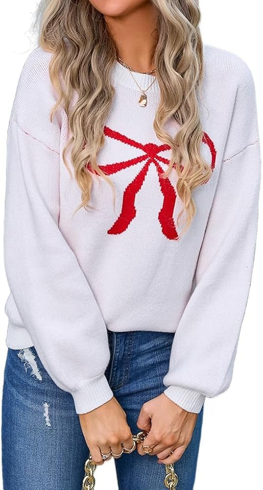 Womens Knitted Pullover Bow Sweater Long Sleeve Crewneck Y2k Casual Bow Top | Amazon (US)