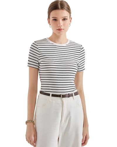 SUUKSESS Women Ribbed Striped Short Sleeve Slim Fit Tops Summer Crew Neck Color Block Going Out T... | Amazon (US)