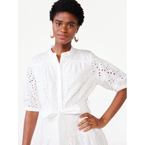 Scoop Women's Eyelet Short Shirt Dress with Volume Sleeves | Walmart (US)