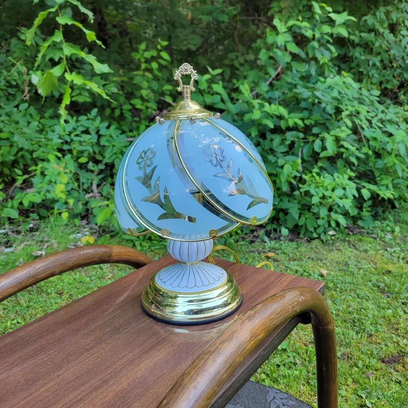 Vintage Touch Lamp Small Floral Bedroom Accent Table Night Light Brass Glass Panel Ceramic Base P... | Etsy (US)