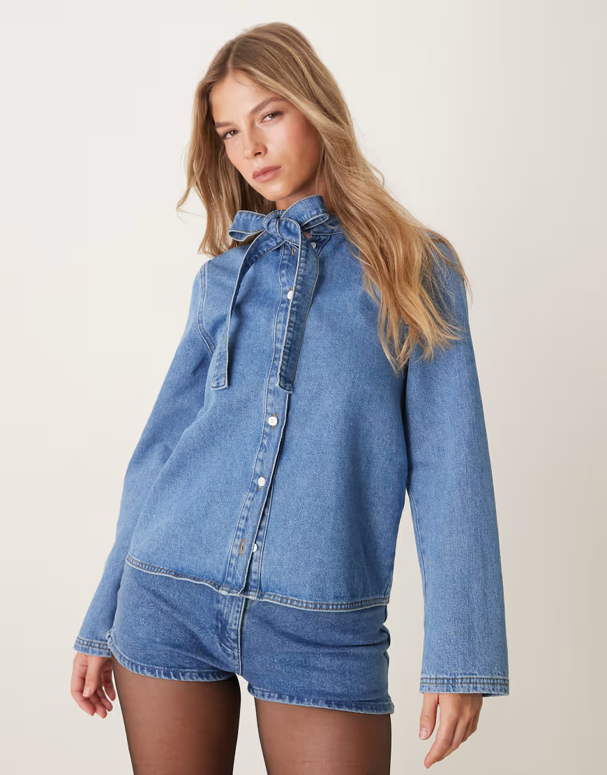 ASOS DESIGN denim bow neck top in mid blue | ASOS (Global)