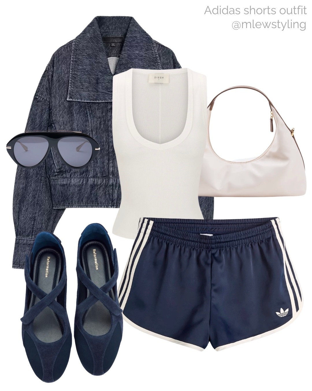 Summer outfit with navy blue adidas sprinter shorts 🤍

Tags: Zara jean jacket, DISSH tank top, Elleme nylon bag, reformation suede ballet flat sneakers, past midnight aviator sunglasses, spring transitional outfit, weekend look

#LTKsummer #LTKshoes #LTKstyletip