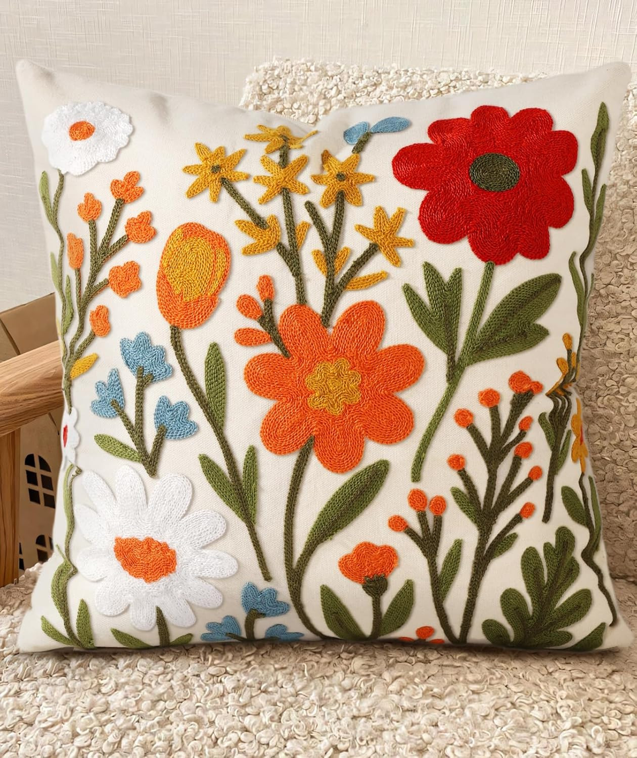 Embroidered Throw Pillow Cover 18x18 Inch - Spring Summer Boho Decorative Pillow Cover with Zippe... | Amazon (US)