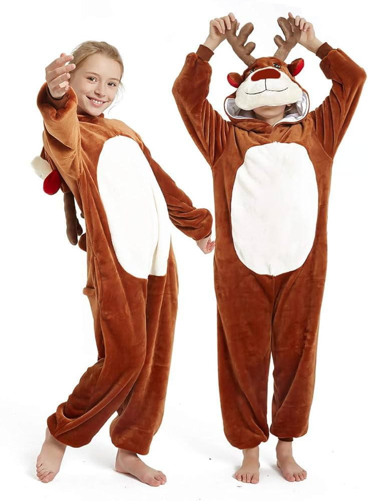 Kid Reindeer Onesie Pajamas Deer Christmas Halloween Costume Boy Girl Animal Onepiece, Brown Deer... | Amazon (US)