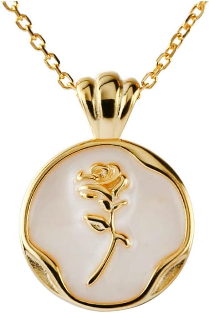Round Rose Flower Pendant Necklace for Women Girls 925 Sterling Silver 18K Gold Plated Shell Pear... | Amazon (US)