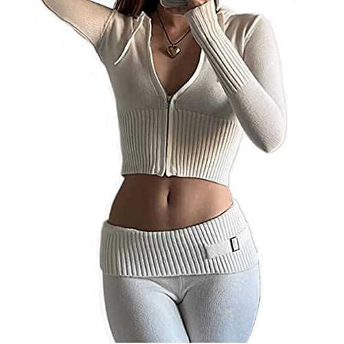 Alaurbeauty Damen Y2K Zweiteiler Hose und Pullover Strick Reißverschluss Up Crop Hoodies Vintage Sweatshirts mit Kapuze und Hose 90er Lounge Set (A-Weiss, M) | Amazon (DE)