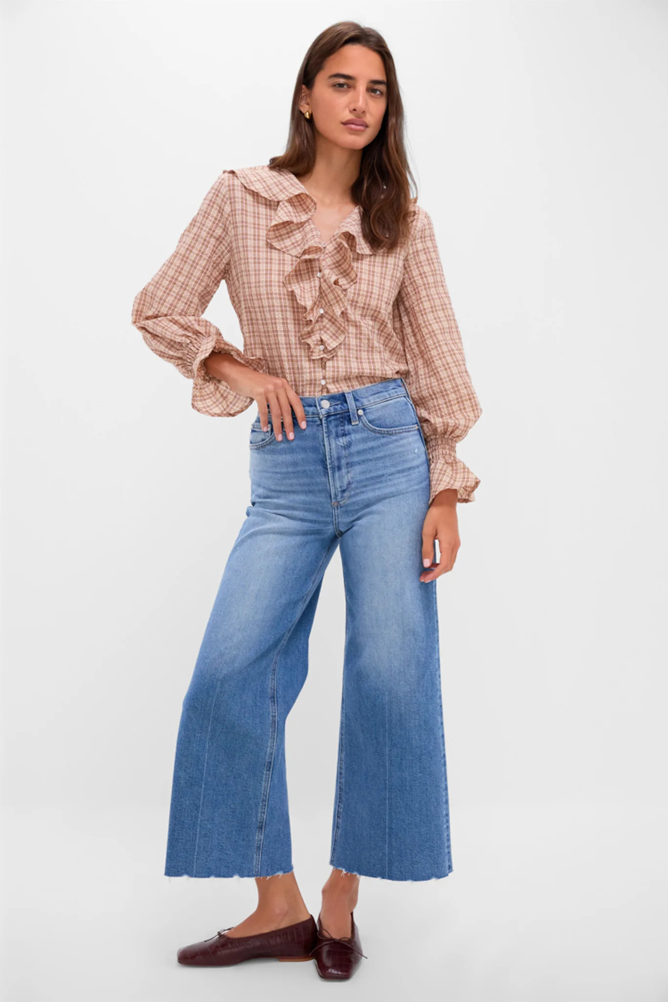 Tan and Pink Plaid V Neck Ruffle Eileen Button Down | Tuckernuck (US)