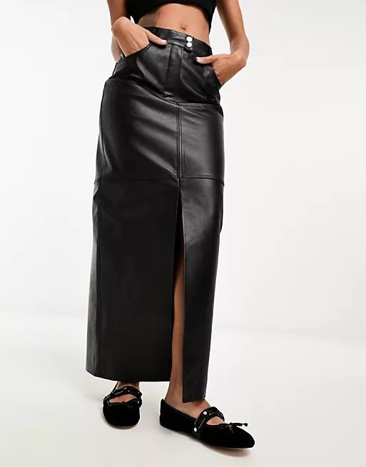 ASOS DESIGN leather maxi skirt with front split in black | ASOS (Global)