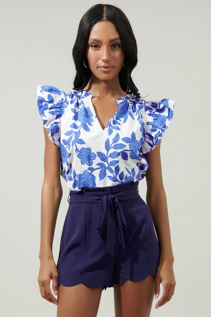 Glantis Floral Risette Ruffle Cap Sleeve Split Neck Top | Sugarlips