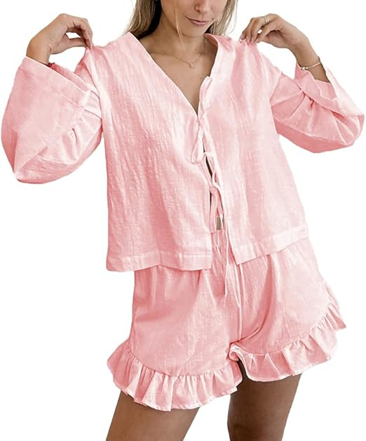 Women Fashion 2 Piece Outfit Long Sleeve Tie Front Tops and Ruffled Shorts Cotton Pajamas Sets | Amazon (US)