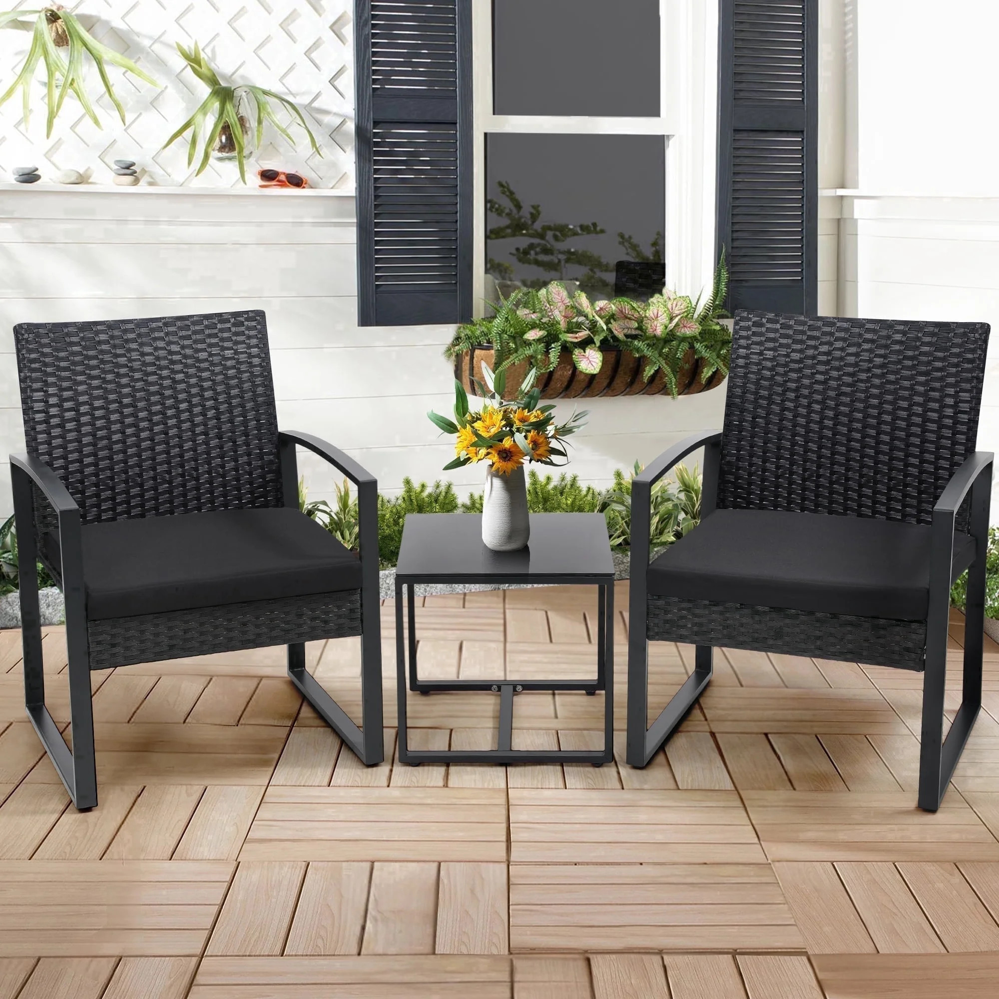 LOGYAT 3 Piece Wicker Patio Bistro Set, All-Weather Rattan Conversation Set with Glass Top Coffee... | Walmart (US)