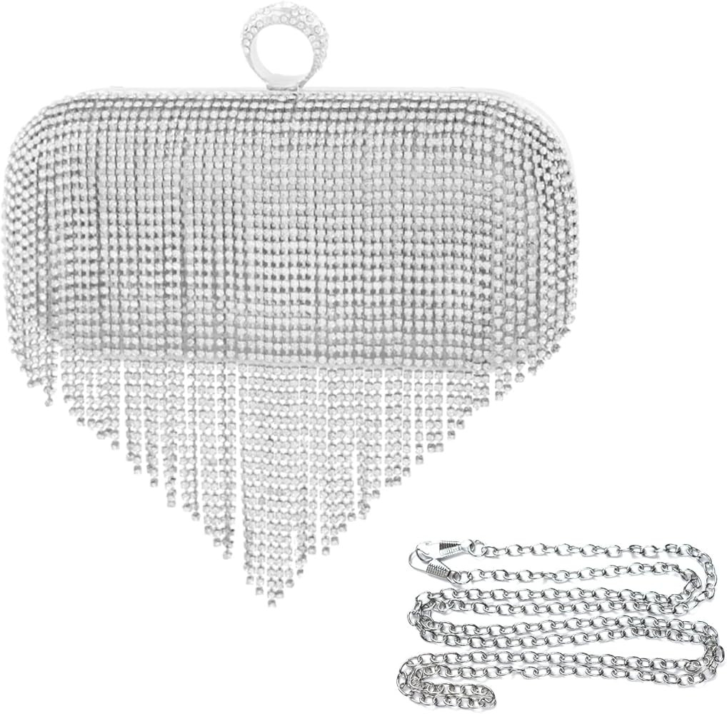 Bellawish Silver Clutch Purse for Women Evening Wedding Rhinestone Fringe Purse Women'S Evening Hand | Amazon (US)