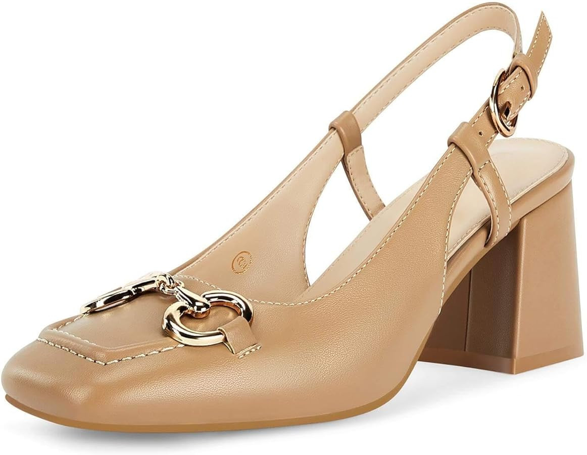 Coutgo Womens Slingback Heels Block Chunky Heel Pumps Square Toe Metal Buckle Dress Work Shoes | Amazon (US)