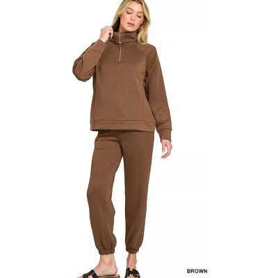 Zenana Scuba Half Zip Sweatshirts and Joggers Set Brown M | Target