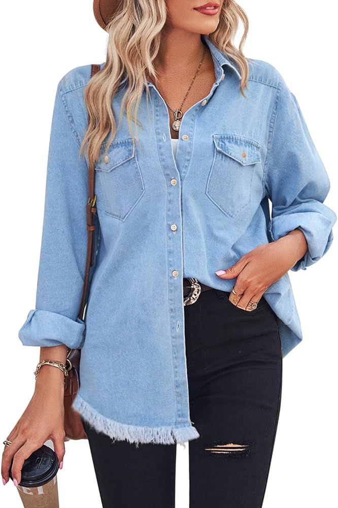 Zilcremo Women Denim Shirt Chambray Collared Jean Shirts Long Sleeve Pocket Button Down Blouses | Amazon (US)